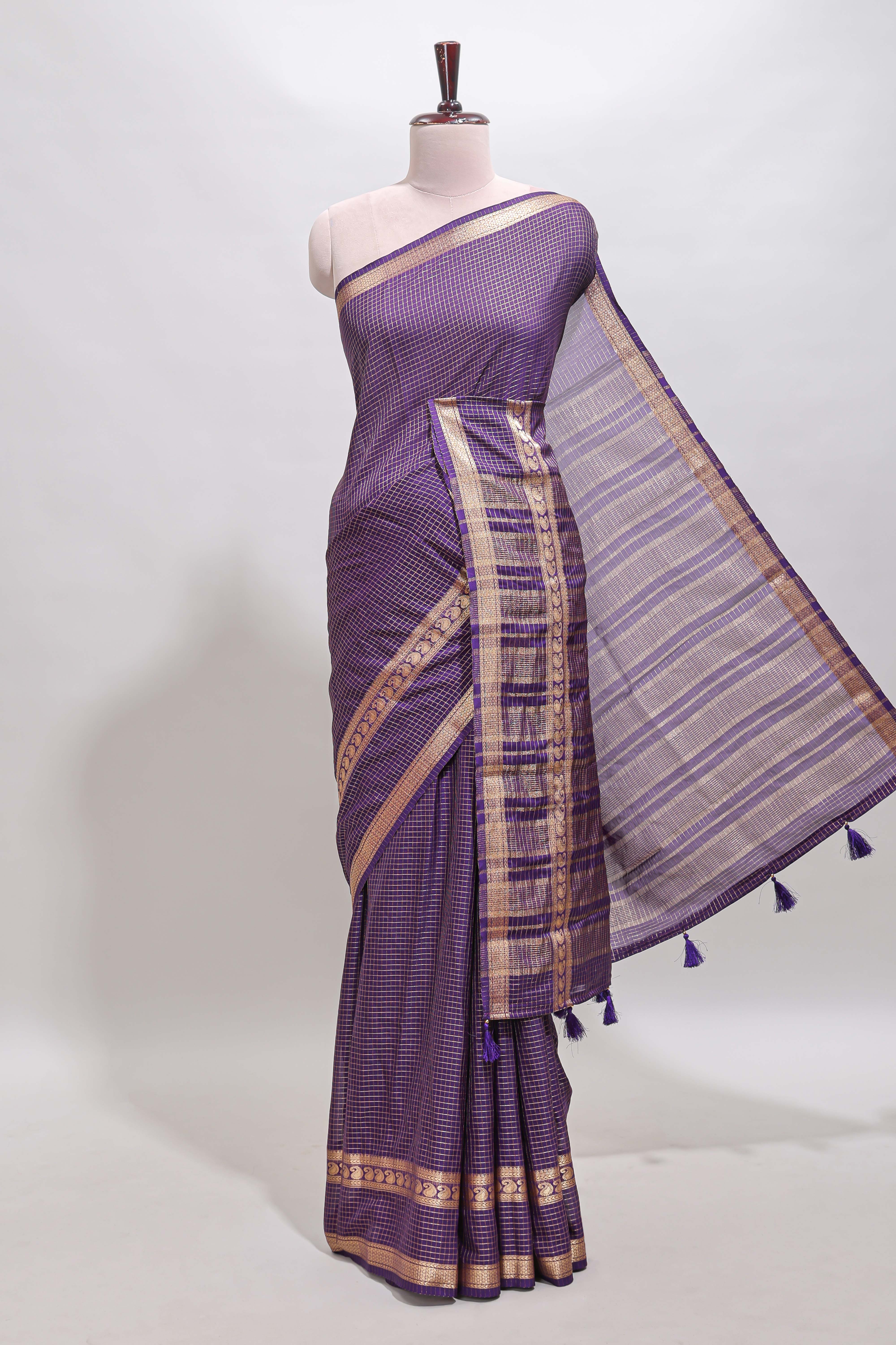 Violet checked dola silk saree with self zari border and matching striped pallu