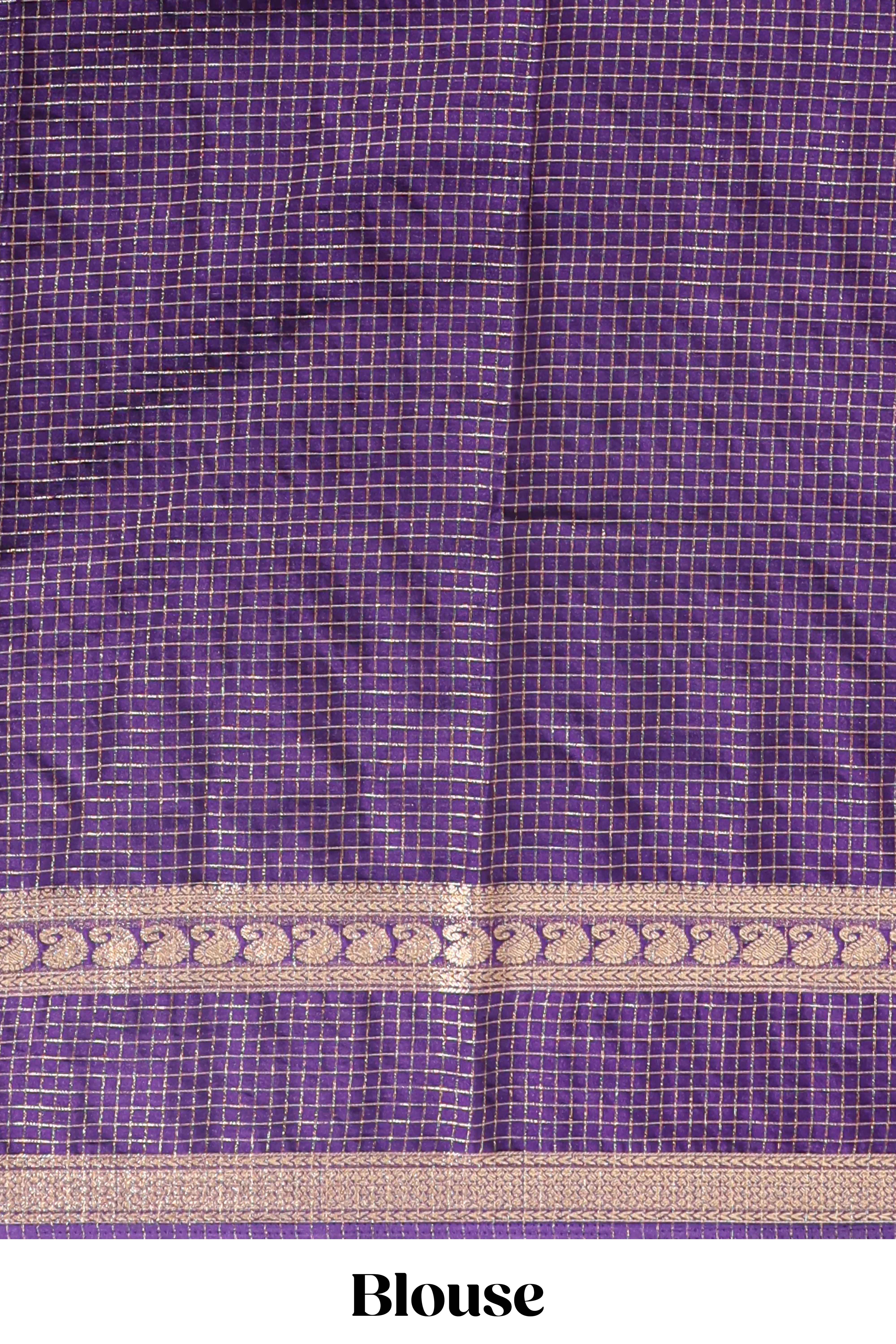 Violet checked dola silk saree with self zari border and matching striped pallu