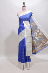 Blue striped dola silk saree with contrast zari border and kalamkari style pallu