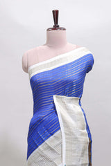 Blue striped dola silk saree with contrast zari border and kalamkari style pallu