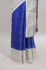 Blue striped dola silk saree with contrast zari border and kalamkari style pallu