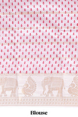 Pink striped dola silk saree with contrast zari border and kalamkari style pallu
