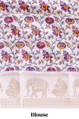 Violet striped dola silk saree with contrast zari border and kalamkari style pallu
