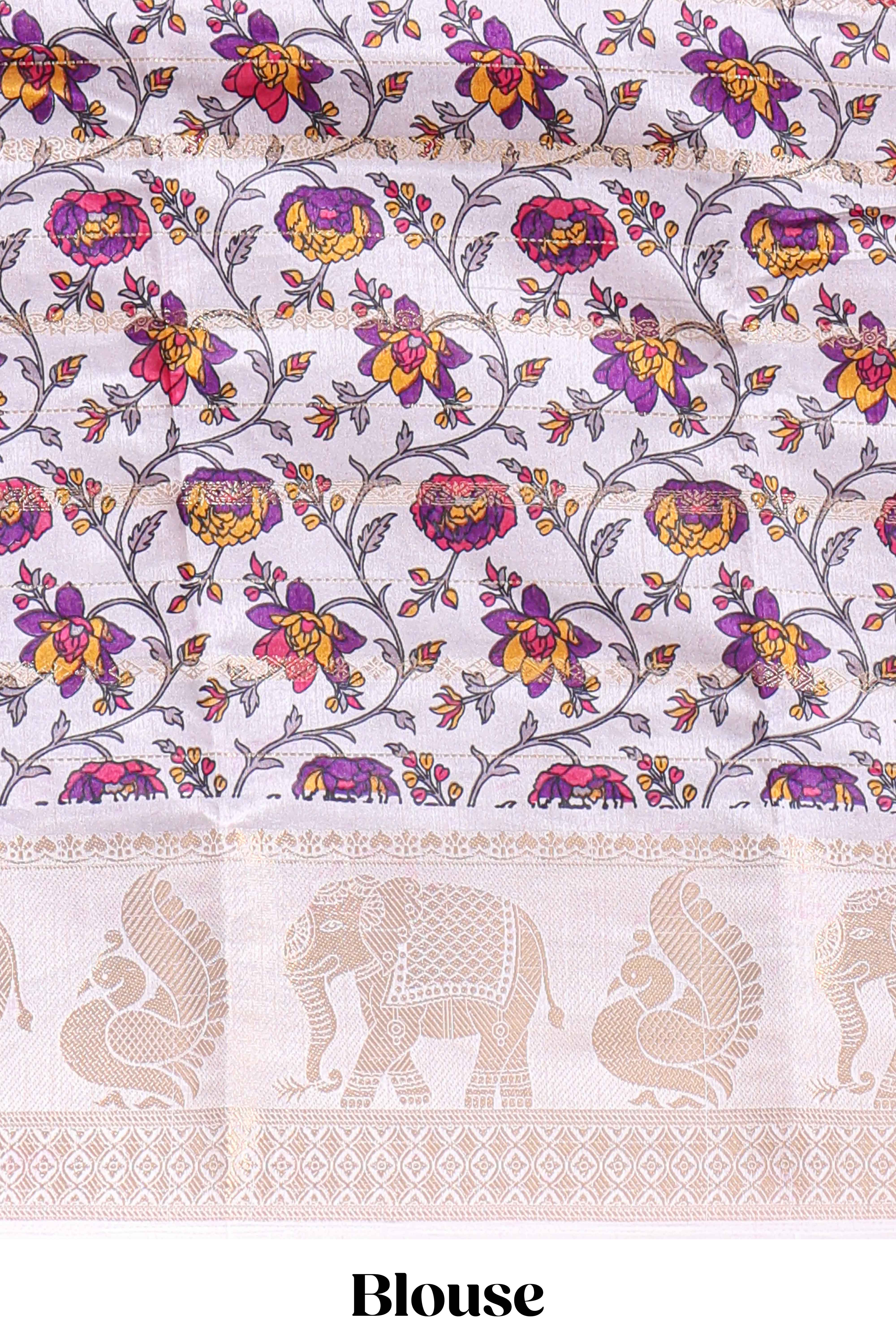 Violet striped dola silk saree with contrast zari border and kalamkari style pallu