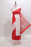 Red striped dola silk saree with contrast zari border and kalamkari style pallu