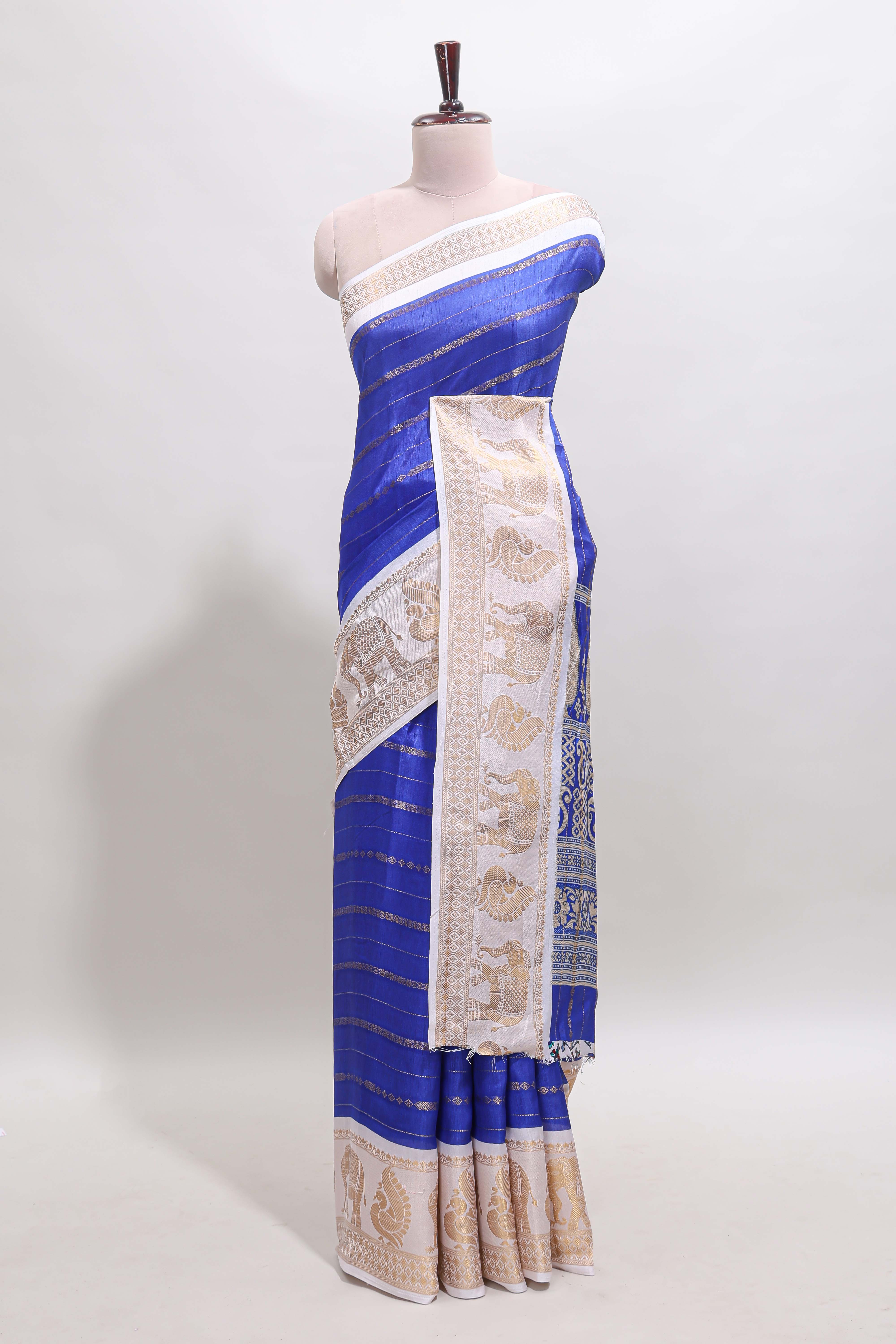 Blue striped dola silk saree with contrast zari border and kalamkari style pallu