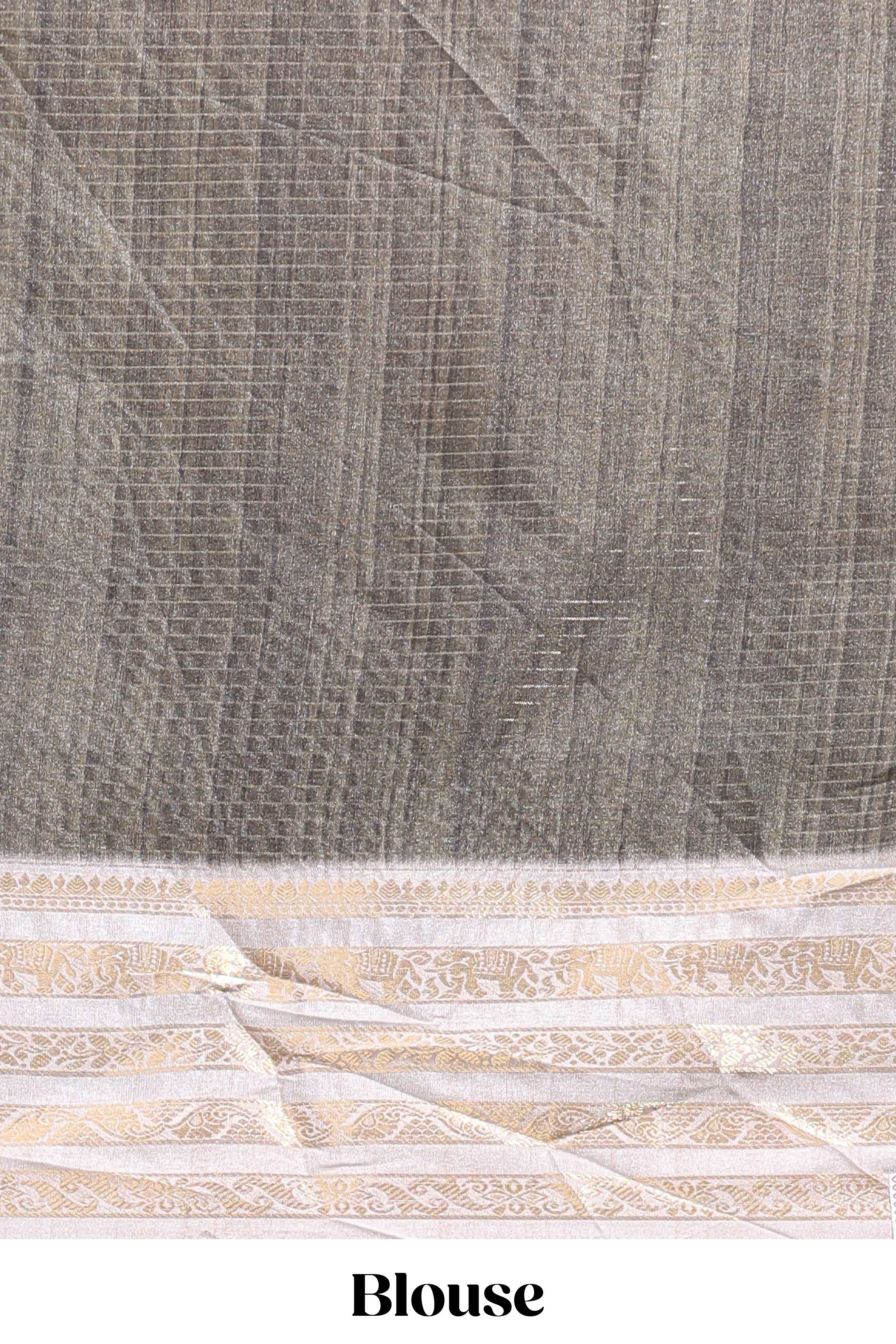 Grey geometric design dola silk saree withcontrast zari border and matching blouse