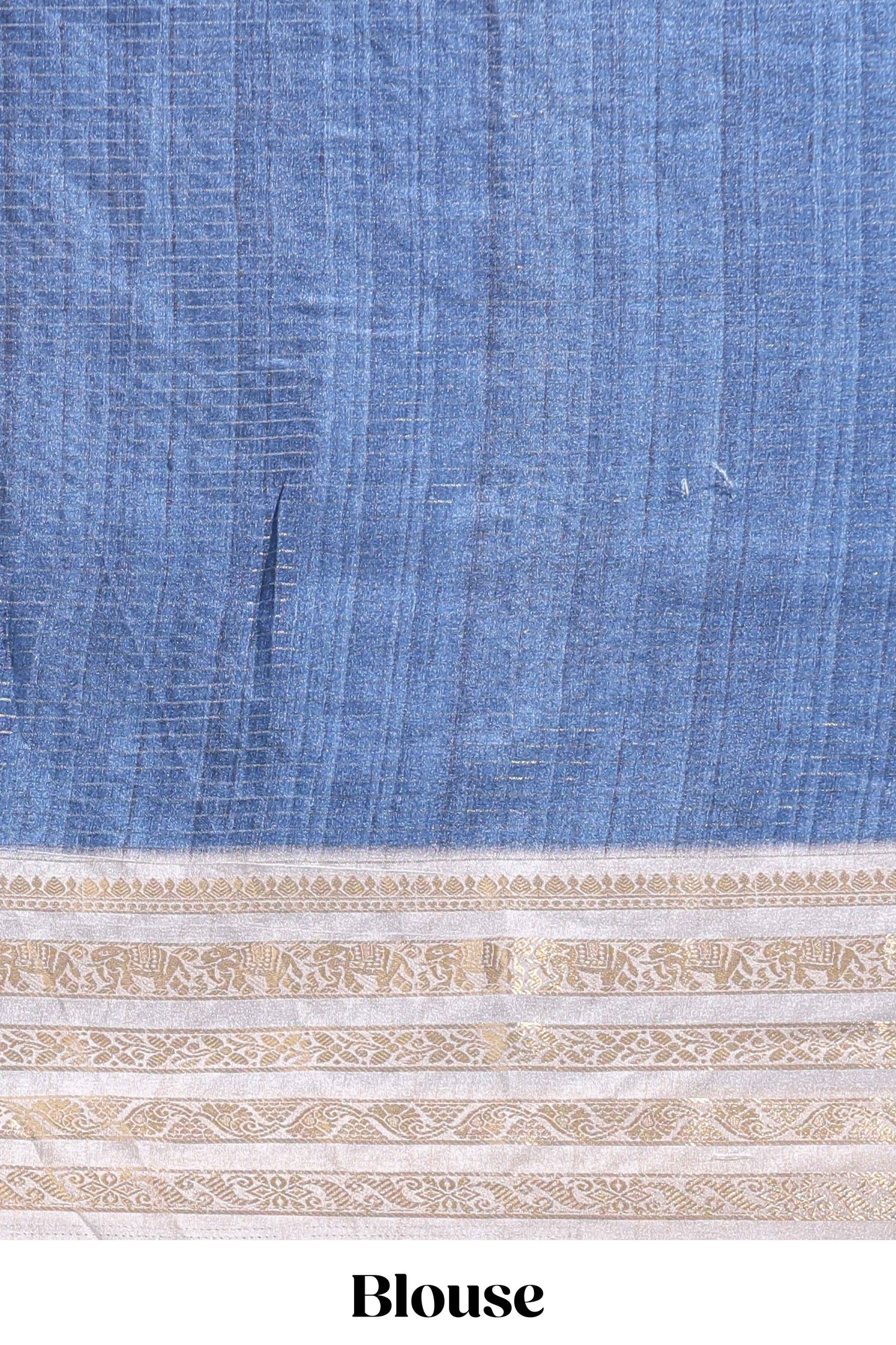 Blue geometric design dola silk saree with contrast zari border and matching blouse