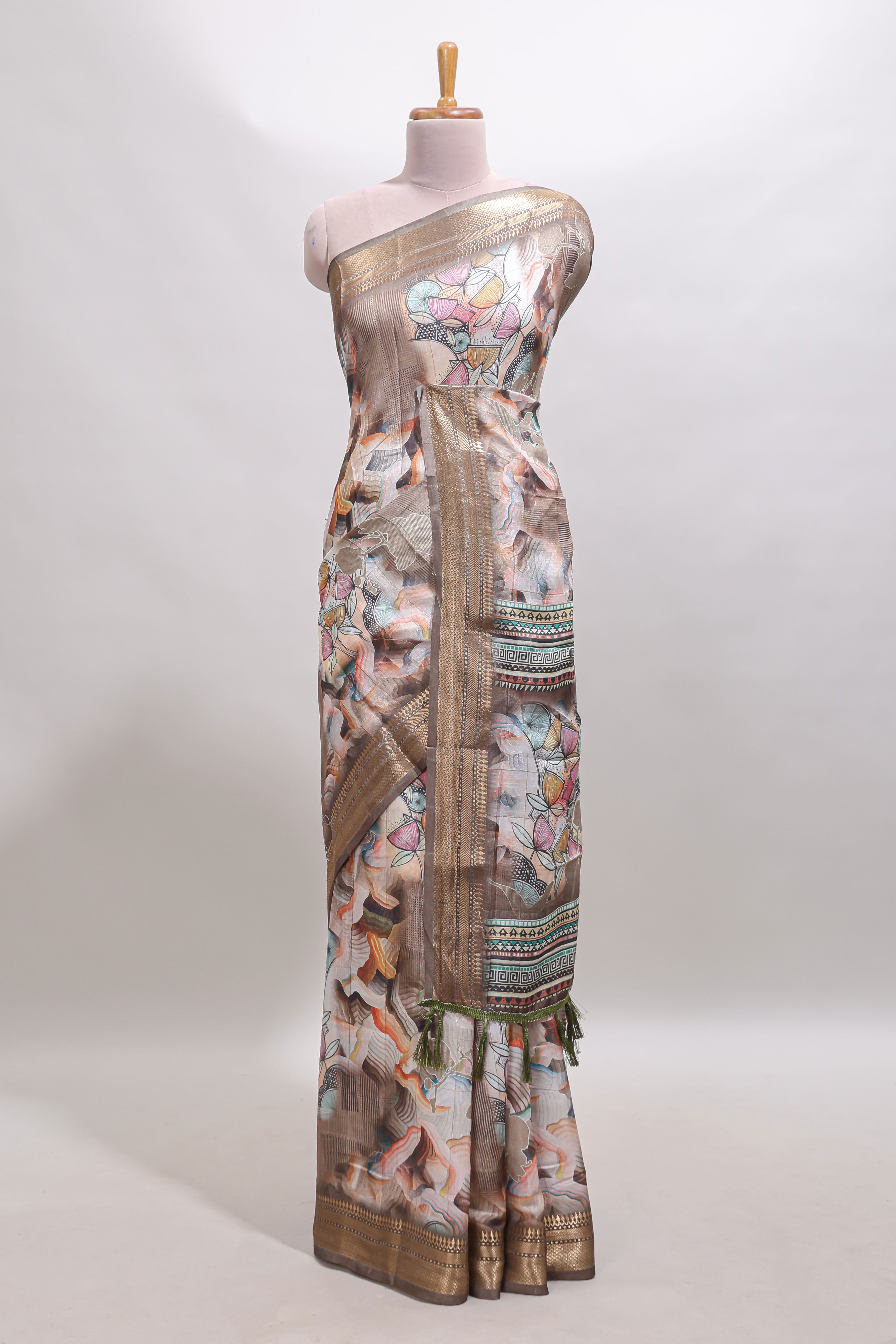 Brown floral design dola silk saree with sellf zari border and matching blouse