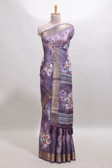 Lavender floral design dola silk saree with sellf zari border and matching blouse