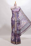 Lavender floral design dola silk saree with sellf zari border and matching blouse