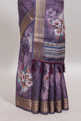 Lavender floral design dola silk saree with sellf zari border and matching blouse