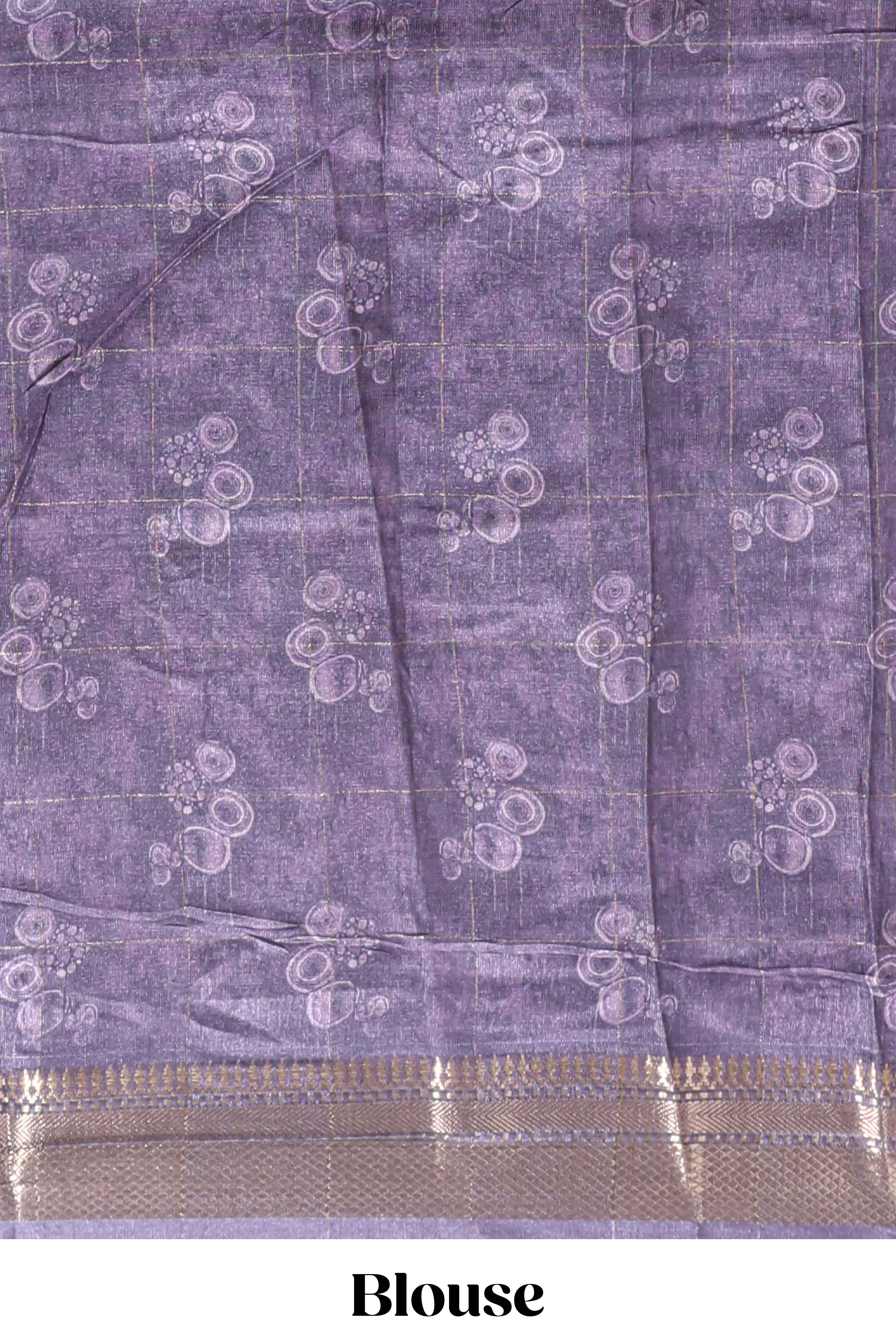 Lavender floral design dola silk saree with sellf zari border and matching blouse