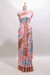 Peach floral design dola silk saree with sellf zari border and matching blouse
