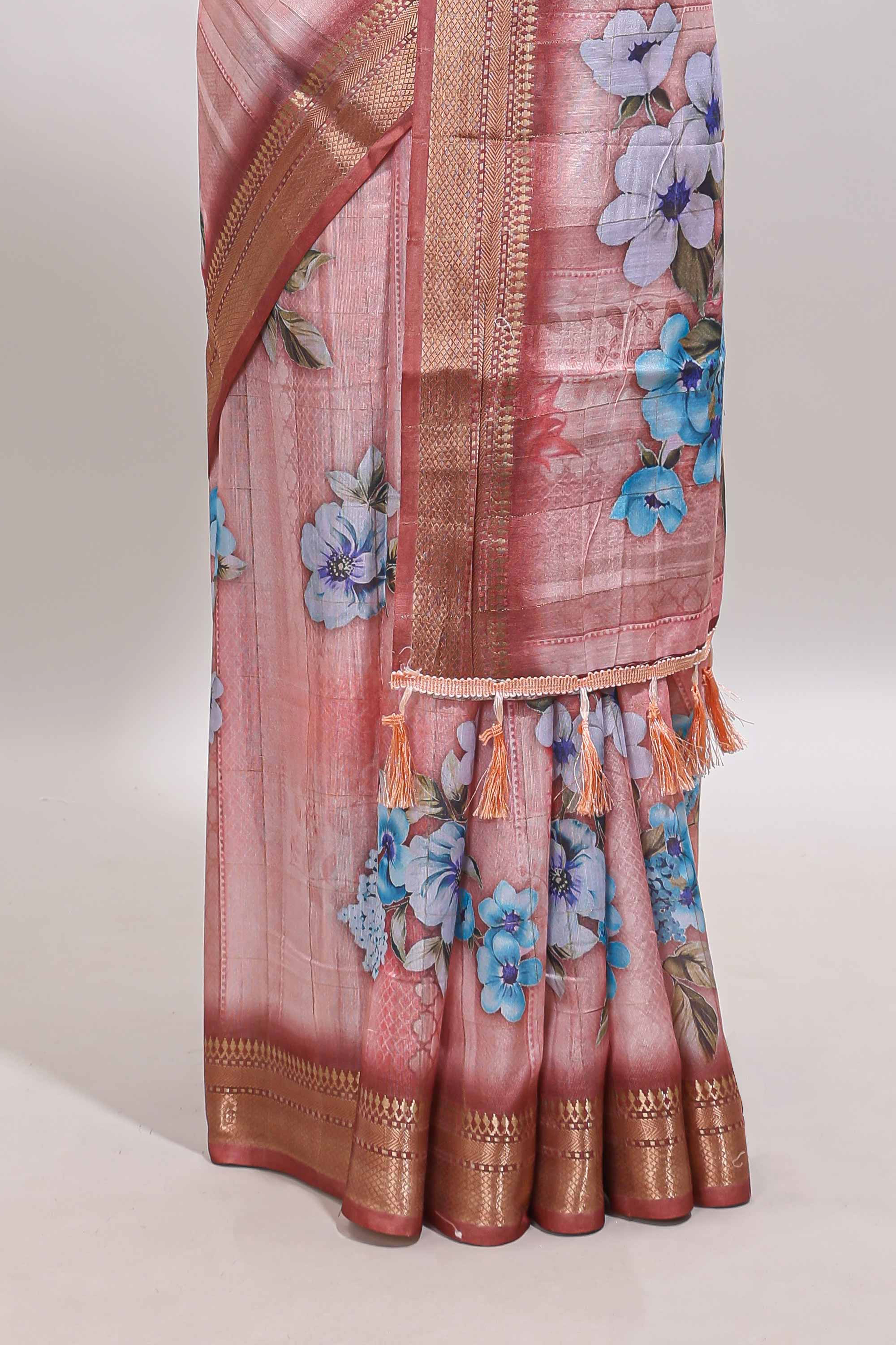 Peach floral design dola silk saree with sellf zari border and matching blouse