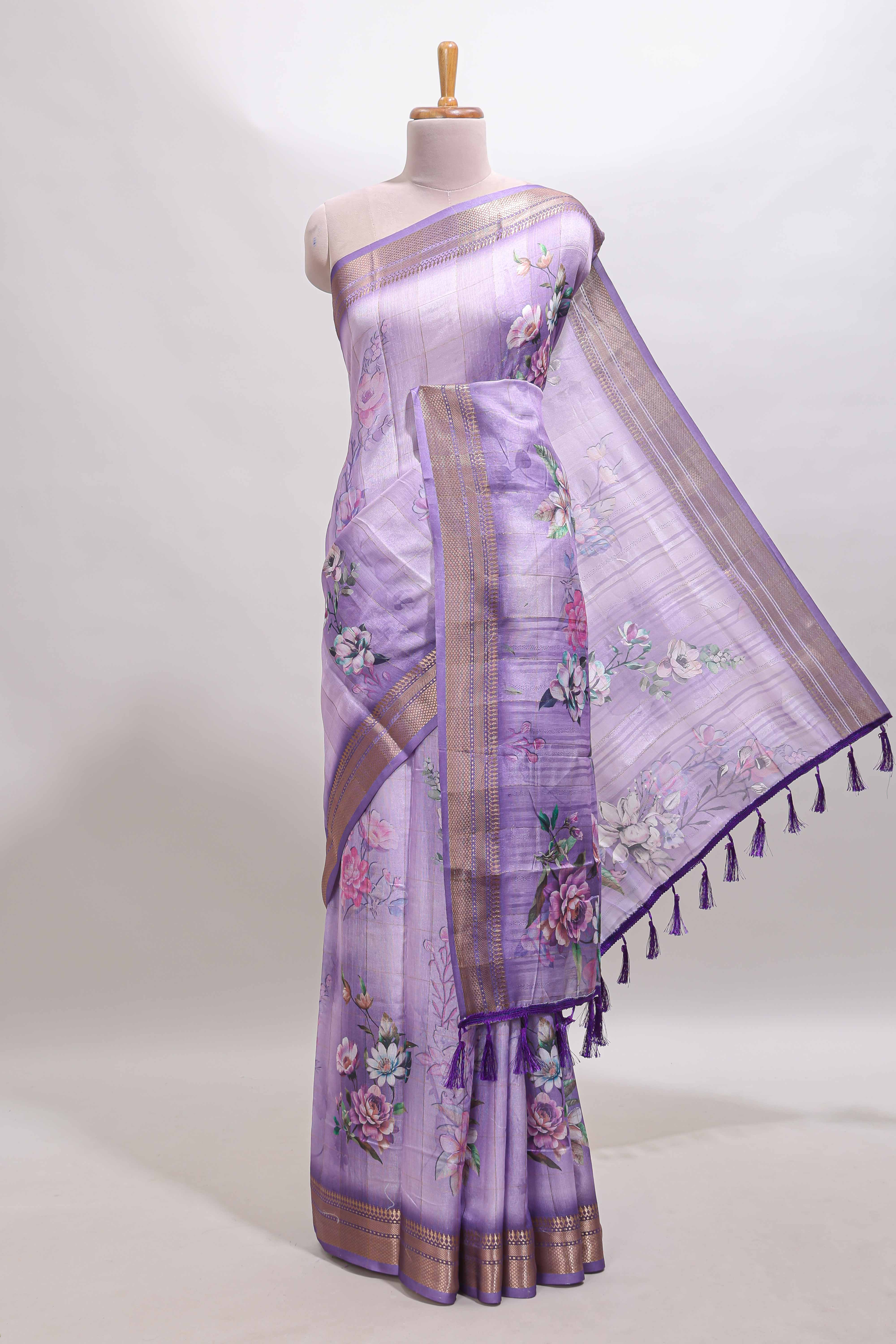 Lavender floral design dola silk saree with sellf zari border and matching blouse