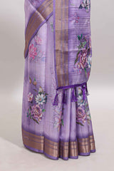 Lavender floral design dola silk saree with sellf zari border and matching blouse