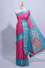 Pink dola silk saree with fine zari stripes contrastzari border and a rich peacock floral woven pallu along with printed contrast blouse