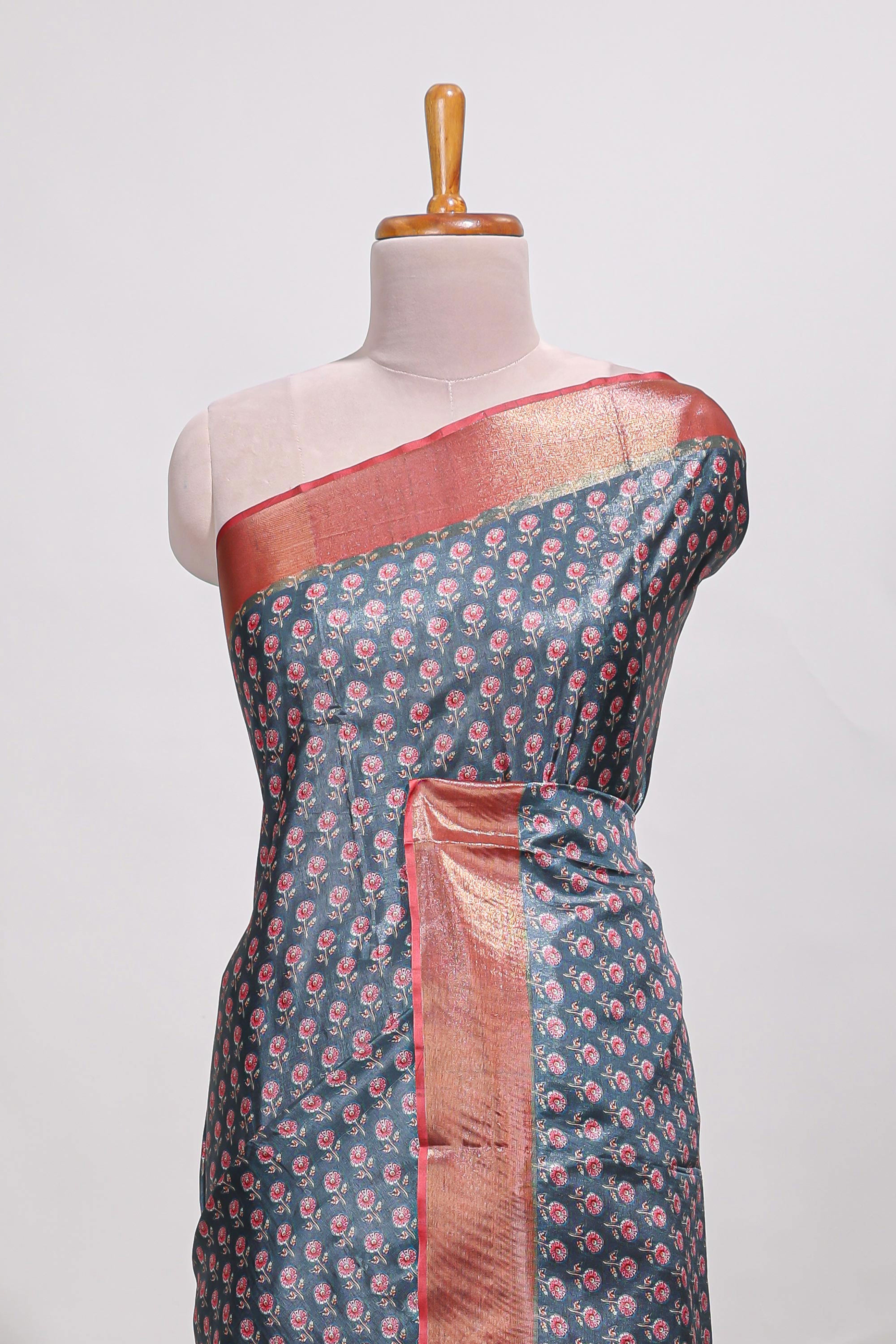 Steal blue dola silk saree with contrast coper gold zari border and contrast blouse
