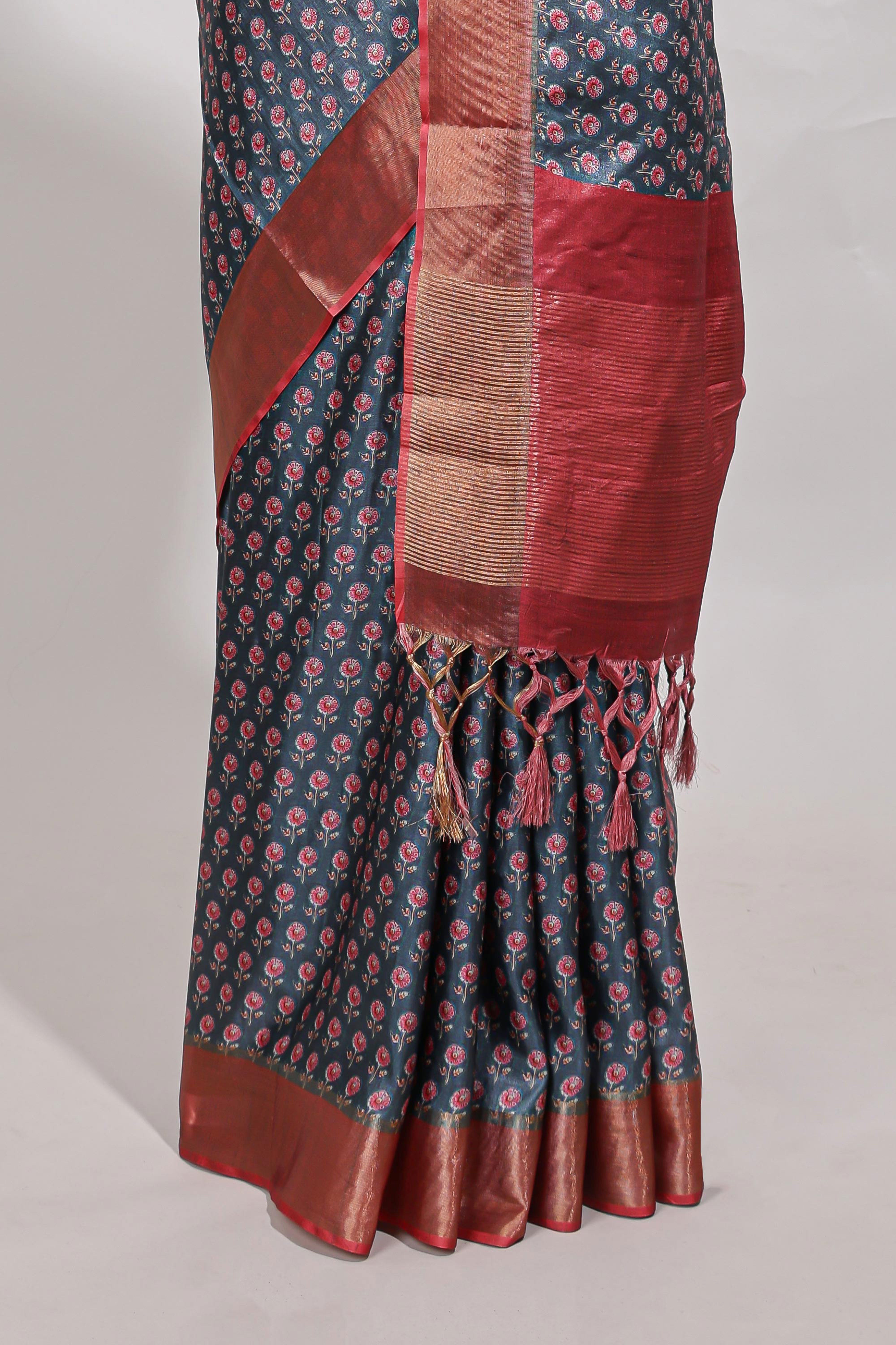 Steal blue dola silk saree with contrast coper gold zari border and contrast blouse