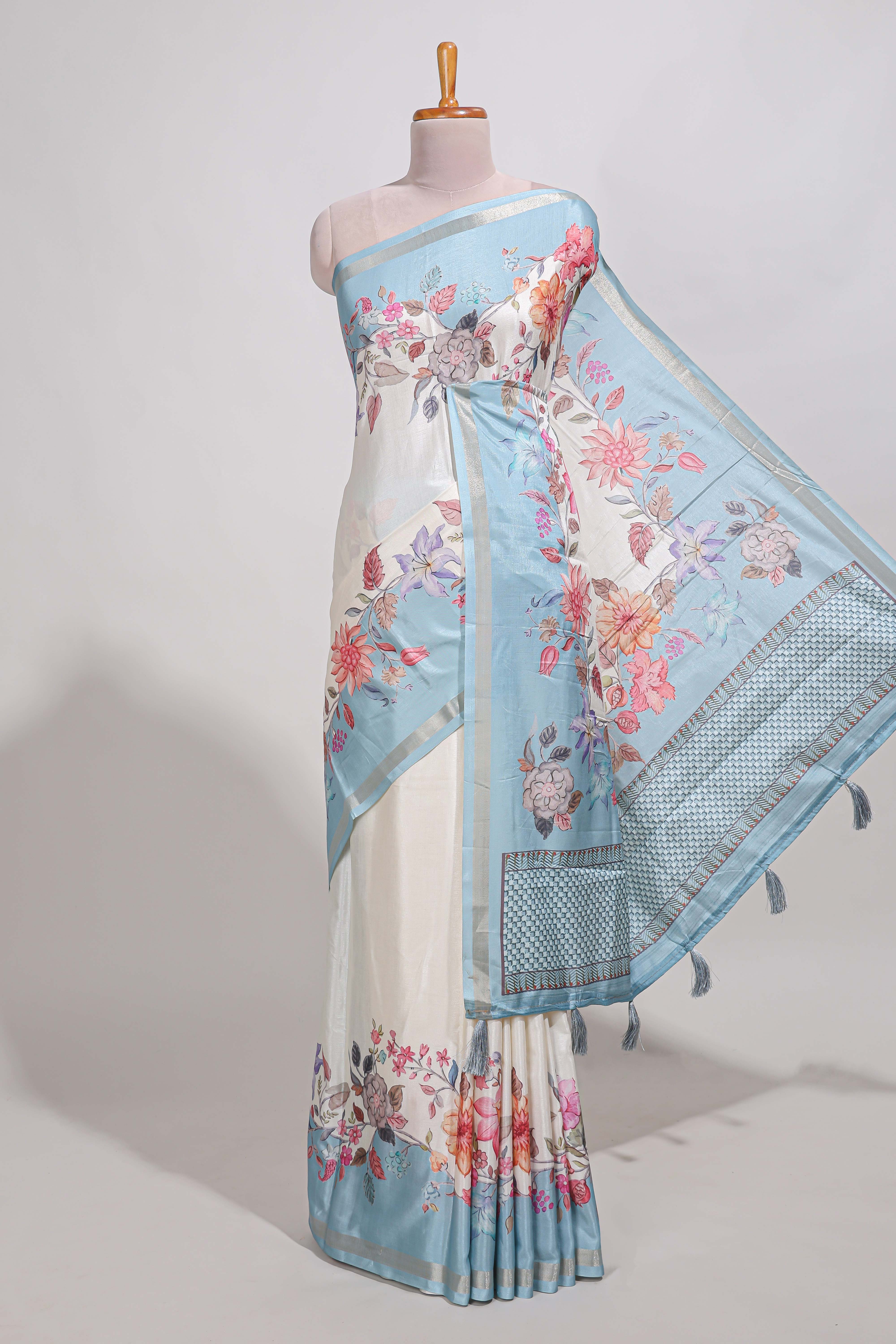 Plaindola silk saree with floral printed border and plain contrast blouse