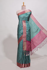 Bottle green dola silk saree with contrast coper gold zari border and contrast blouse
