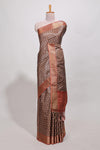 Brown dola silk saree with contrast coper gold zari border and contrast blouse