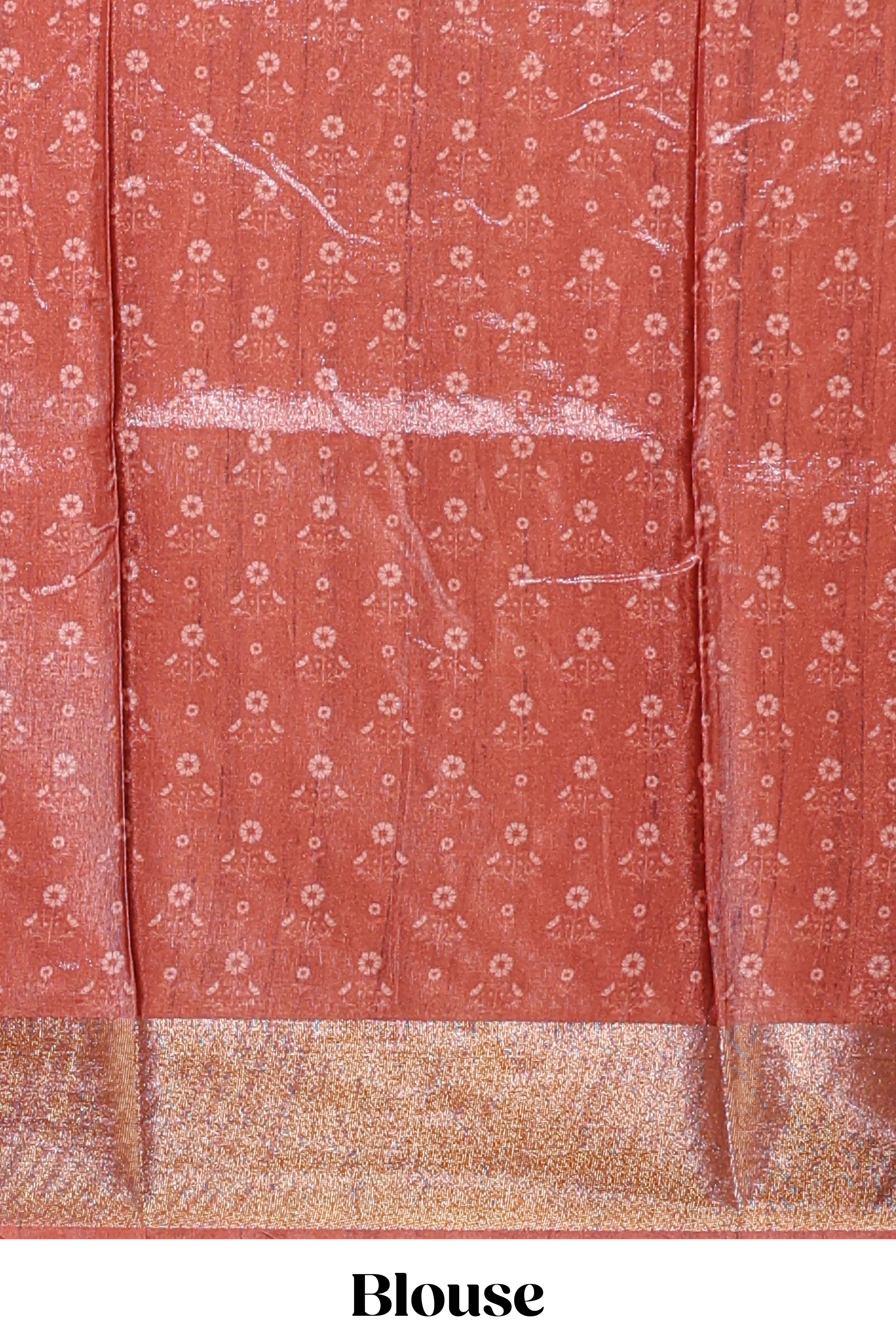 Brown dola silk saree with contrast coper gold zari border and contrast blouse