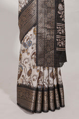 Dola silk saree all overcrepe floral printeddesign with copper zari border and pallu