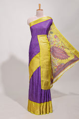 Purple Dola silk saree all overzari workdesign with contrast zig zag border and contrast kalmkari printed pallu