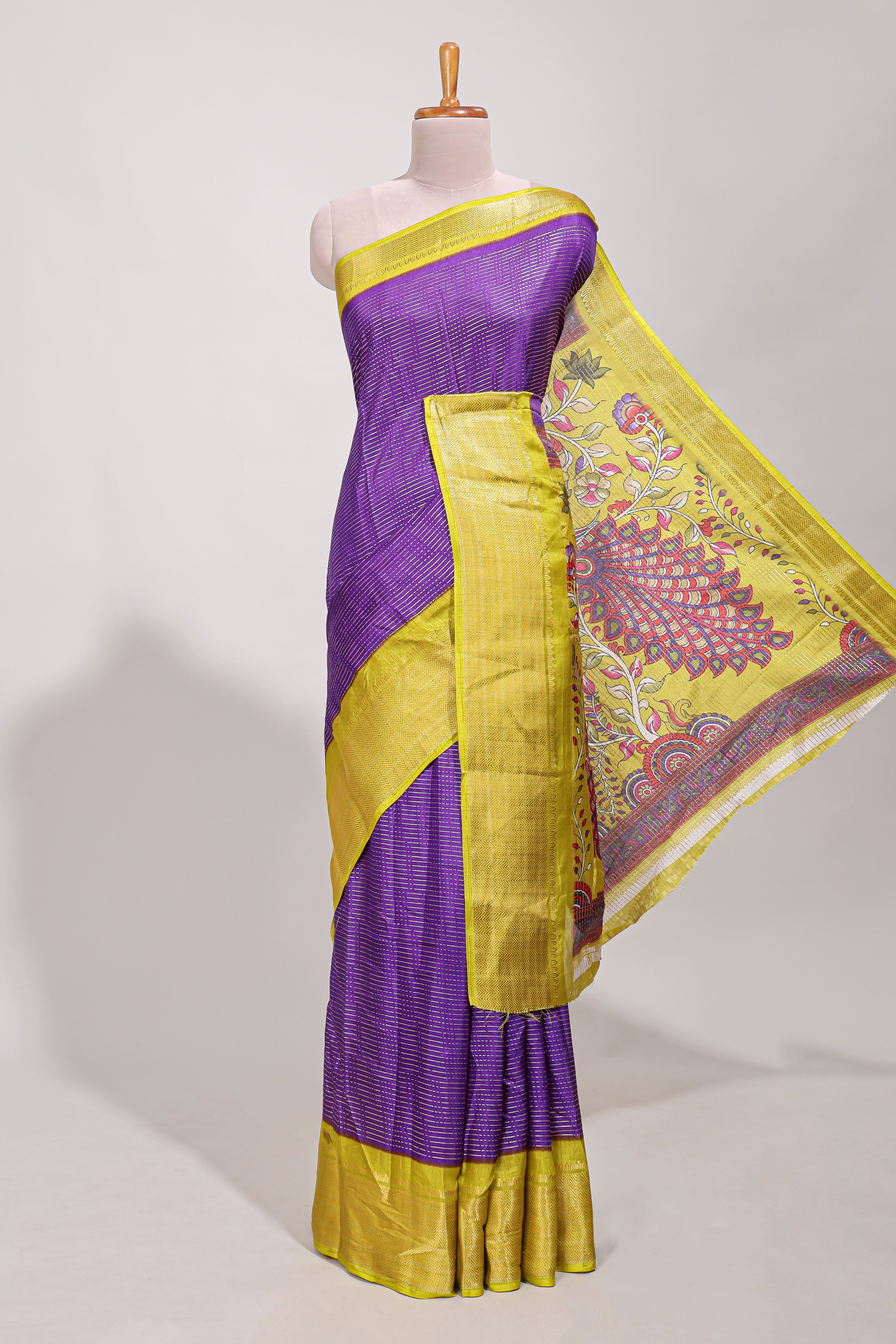 Purple Dola silk saree all overzari workdesign with contrast zig zag border and contrast kalmkari printed pallu