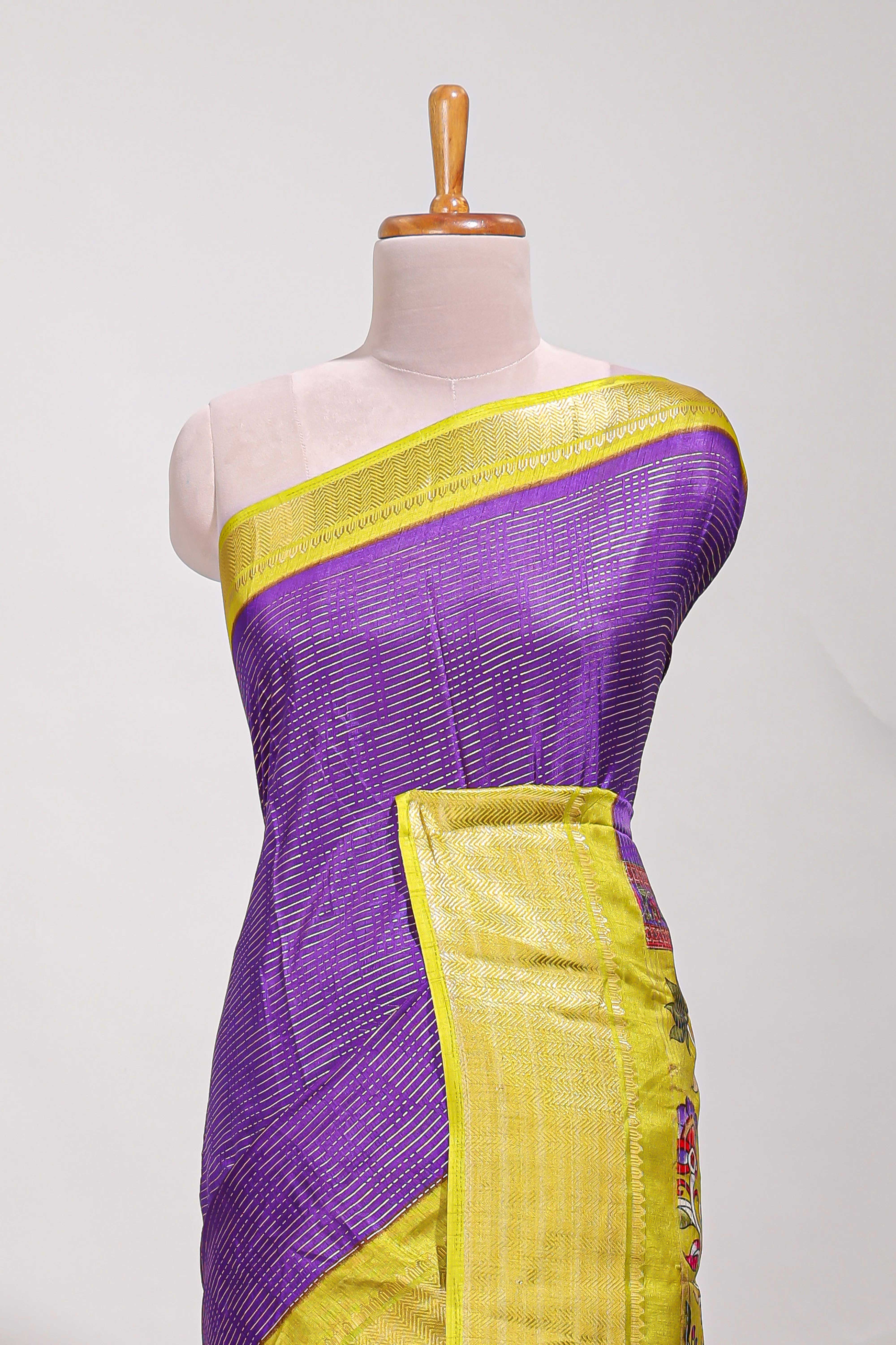 Purple Dola silk saree all overzari workdesign with contrast zig zag border and contrast kalmkari printed pallu