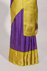 Purple Dola silk saree all overzari workdesign with contrast zig zag border and contrast kalmkari printed pallu