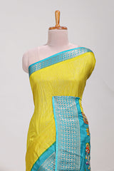 Yellow Dola silk saree all overzari workdesign with contrast zig zag border and contrast kalmkari printed pallu