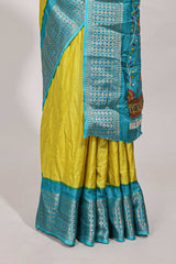 Yellow Dola silk saree all overzari workdesign with contrast zig zag border and contrast kalmkari printed pallu