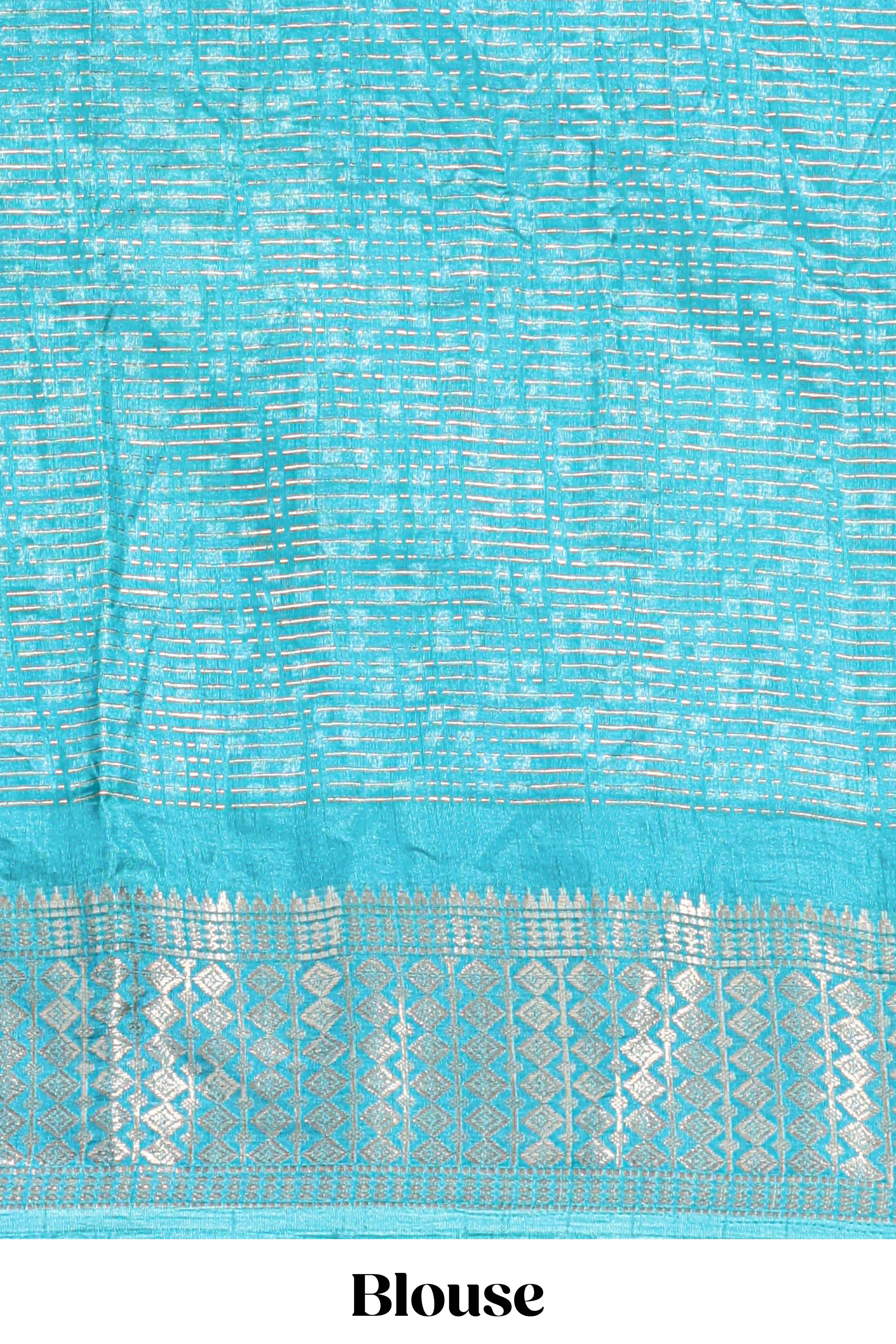Yellow Dola silk saree all overzari workdesign with contrast zig zag border and contrast kalmkari printed pallu