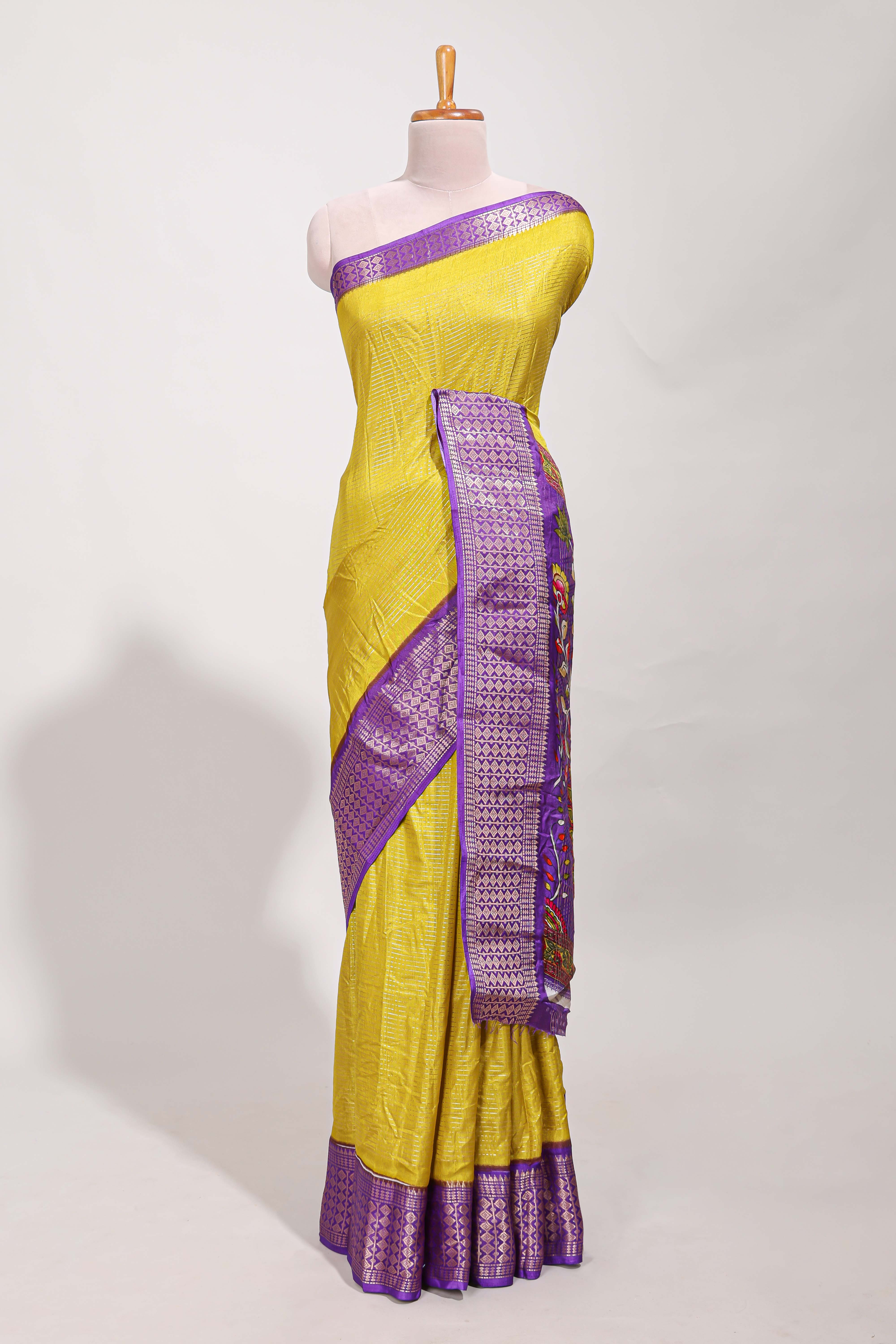 Dola silk saree all overzari workdesign with contrast zig zag border and contrast kalmkari printed pallu