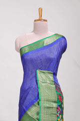 Blue Dola silk saree all overzari workdesign with contrast zig zag border and contrast kalmkari printed pallu
