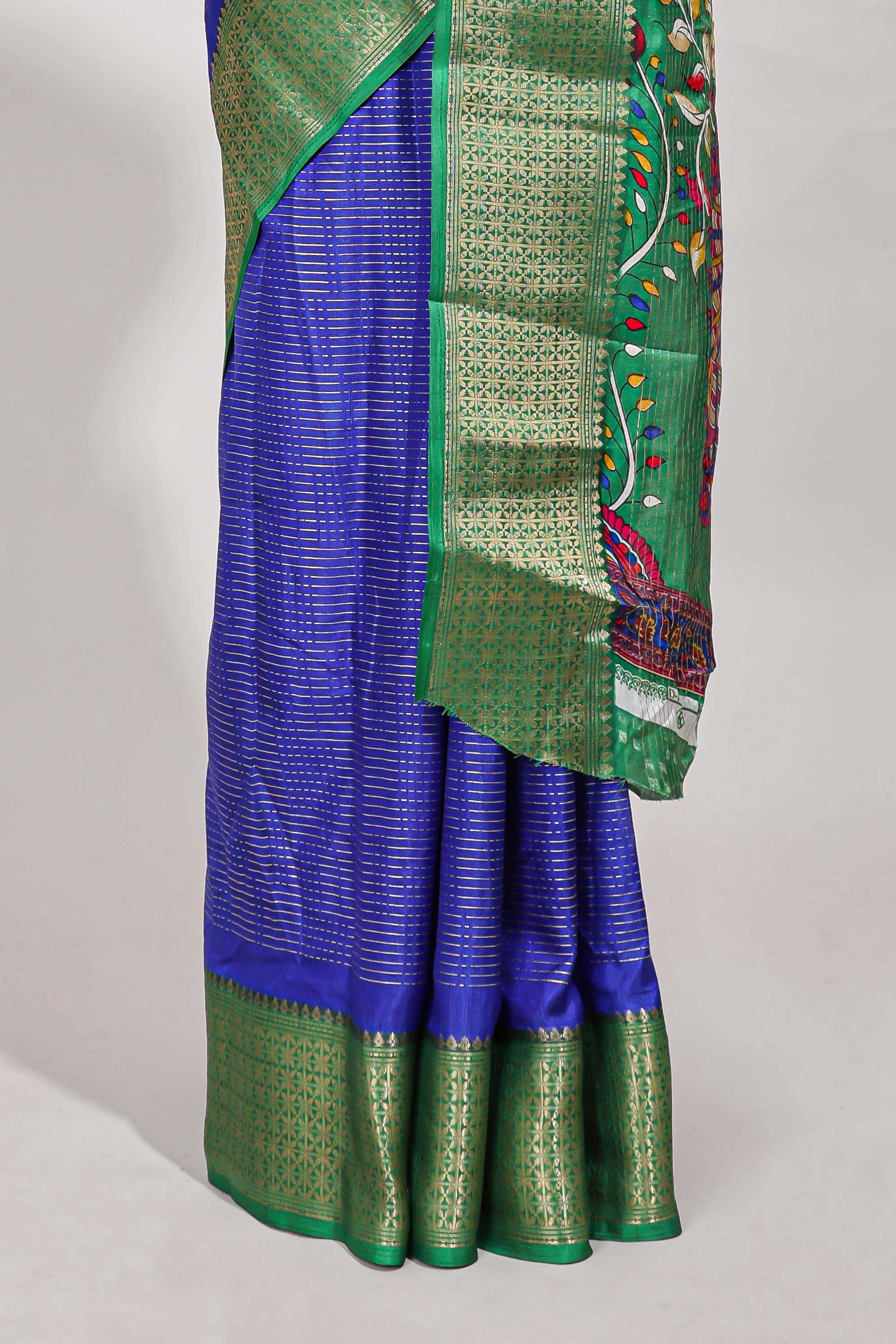 Blue Dola silk saree all overzari workdesign with contrast zig zag border and contrast kalmkari printed pallu