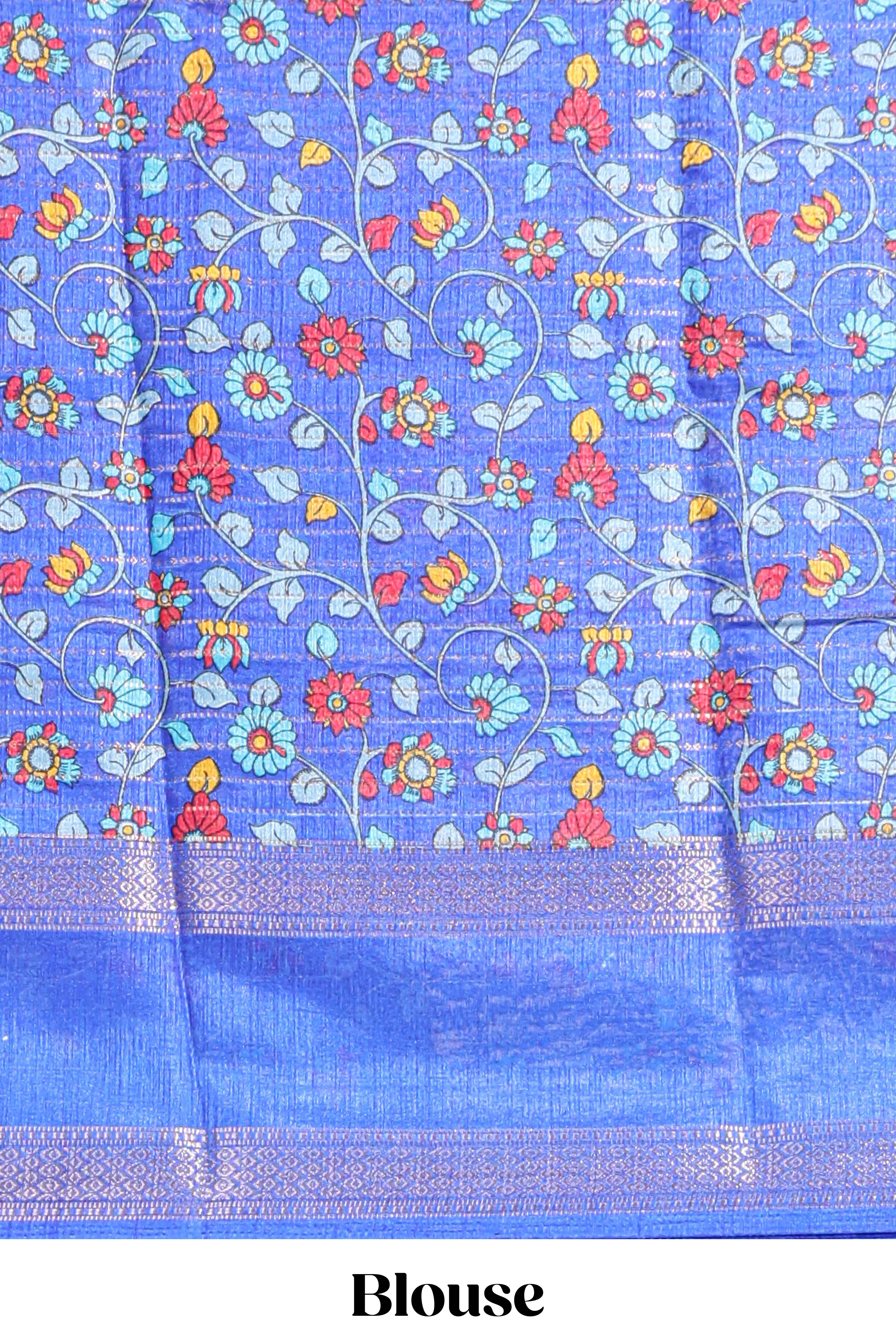Turquoise green zari striped dola silk saree with contrast border and floral printed blouse