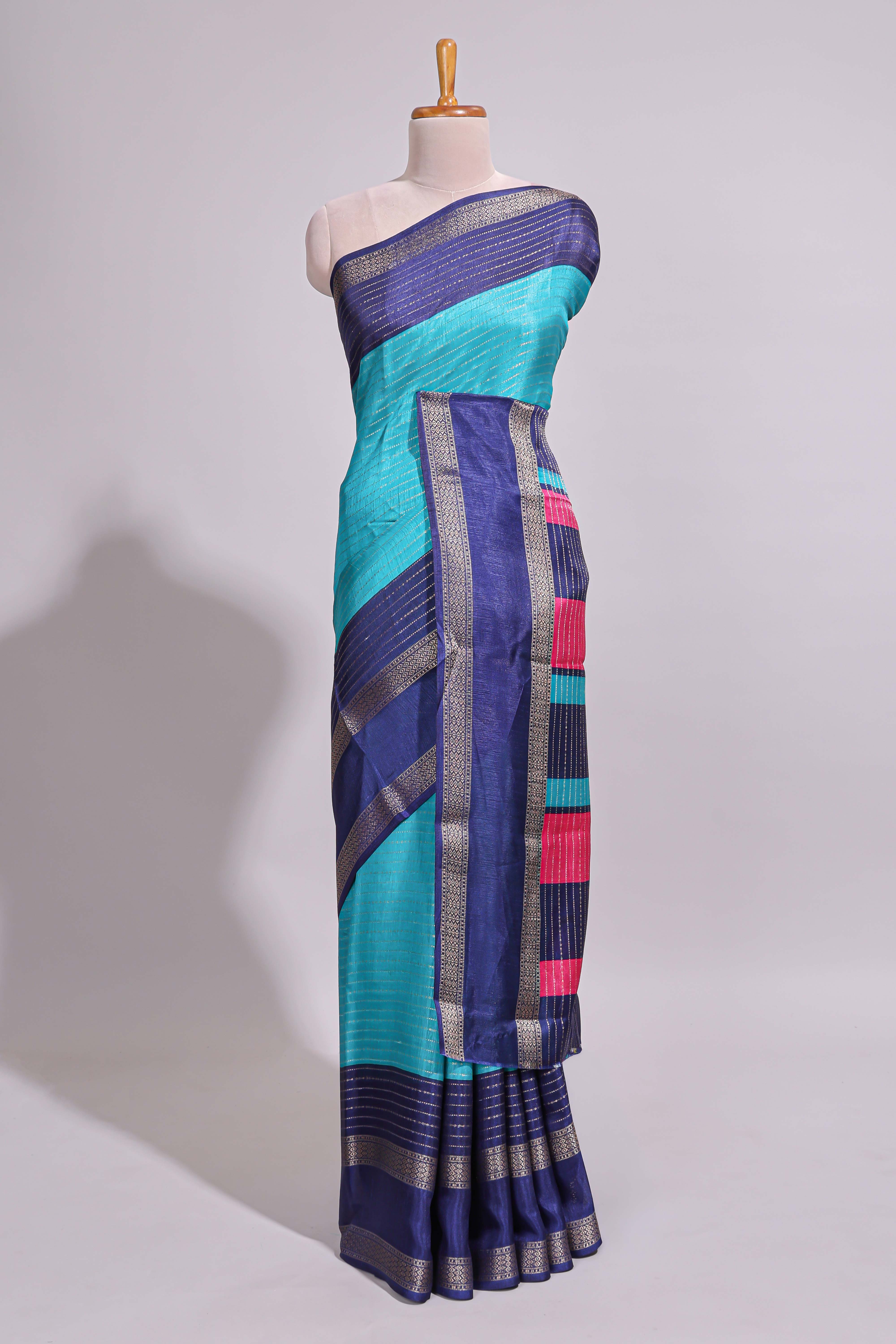 Turquoise green zari striped dola silk saree with contrast border and floral printed blouse