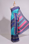 Turquoise green zari striped dola silk saree with contrast border and floral printed blouse
