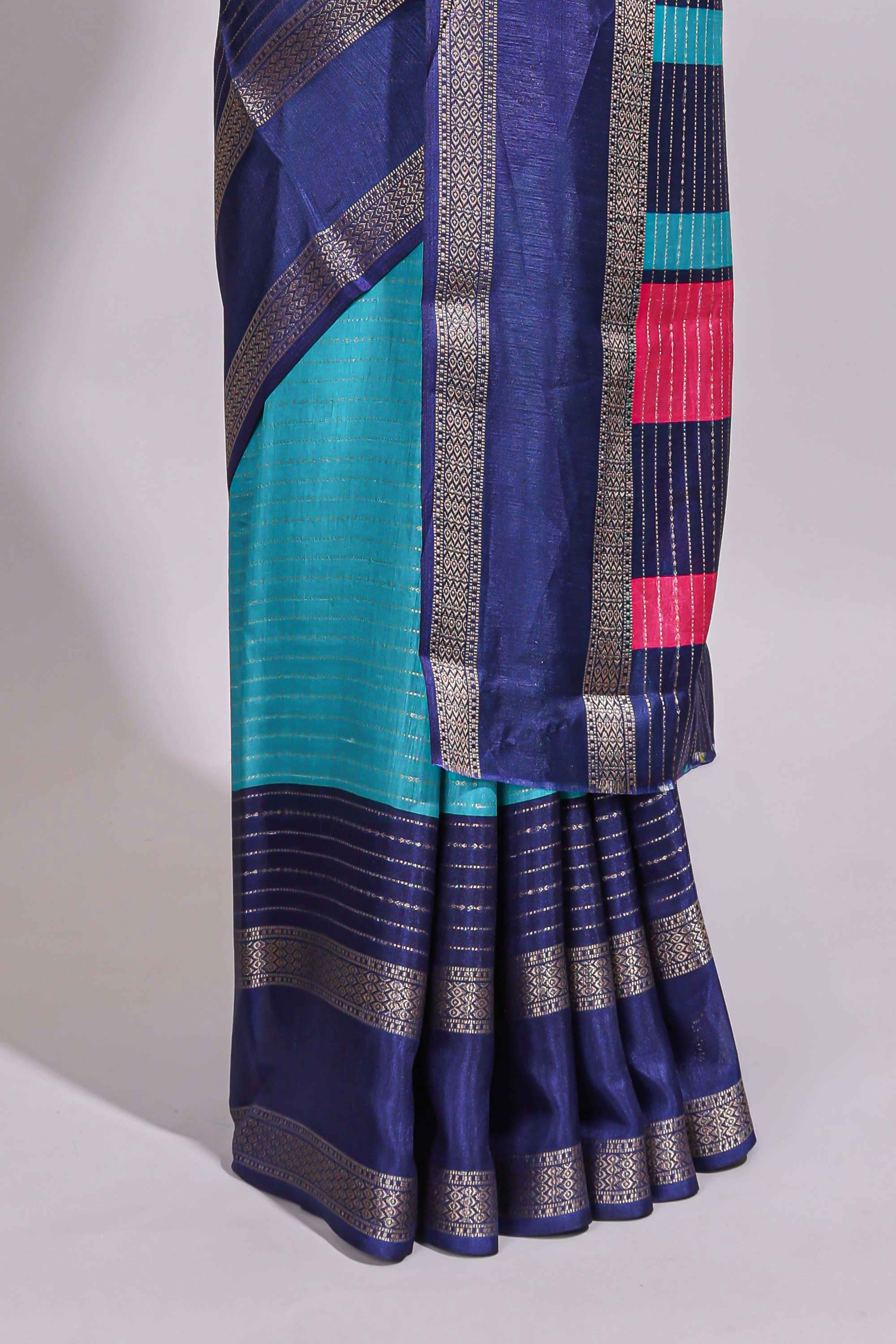 Turquoise green zari striped dola silk saree with contrast border and floral printed blouse