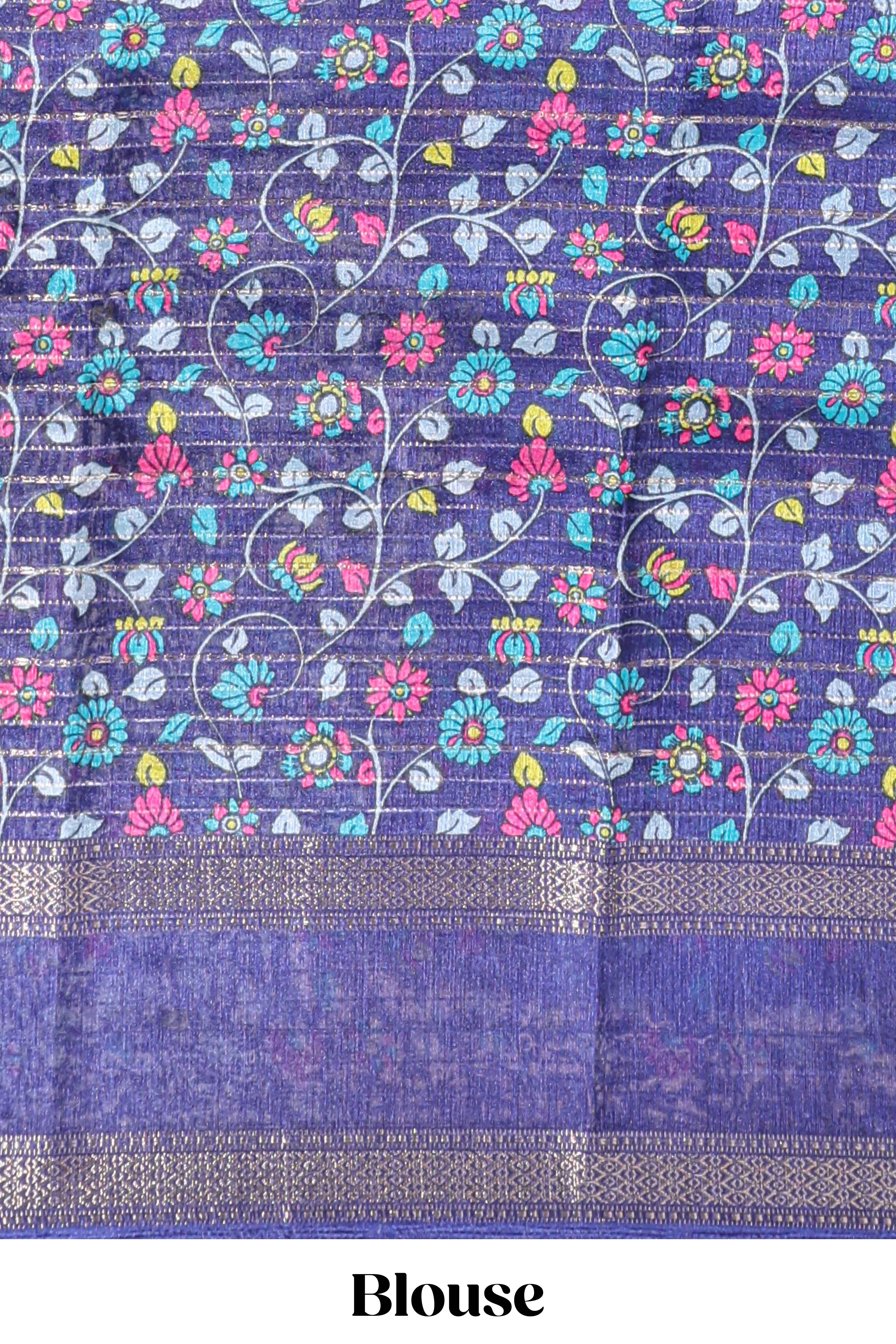 Turquoise green zari striped dola silk saree with contrast border and floral printed blouse