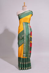 Yellow zari striped dola silk saree with contrast border and floral printed blouse
