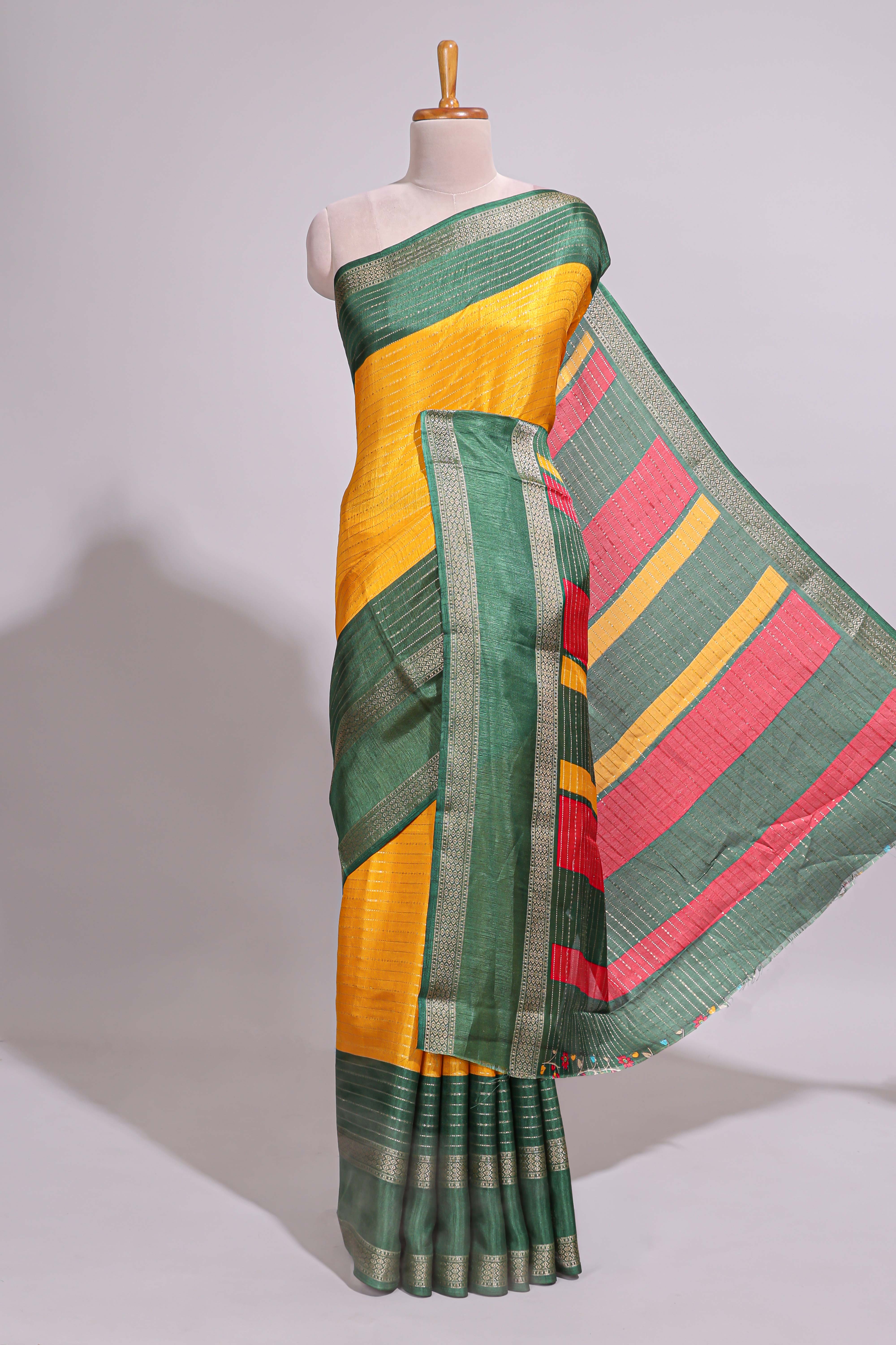 Yellow zari striped dola silk saree with contrast border and floral printed blouse