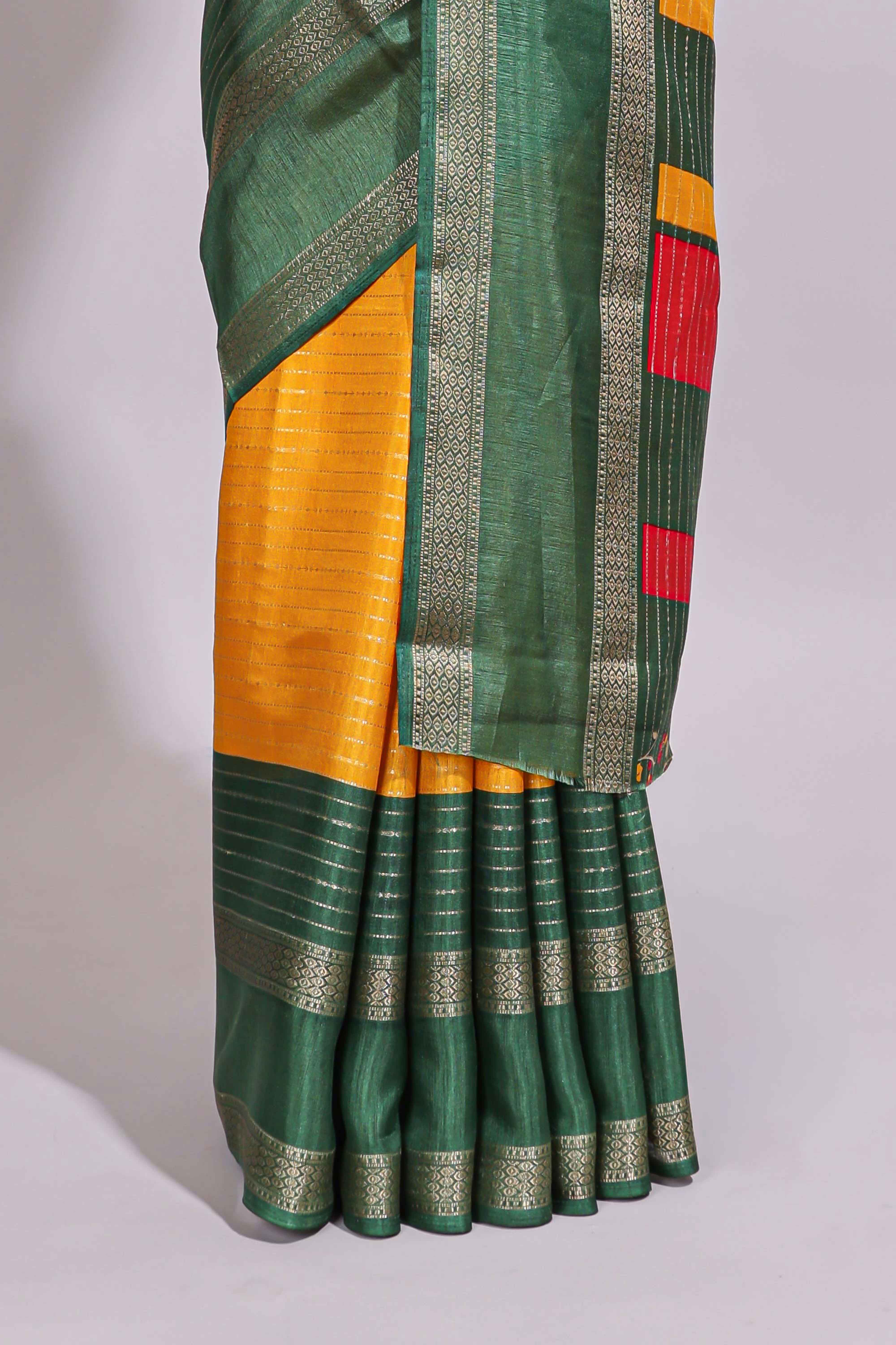 Yellow zari striped dola silk saree with contrast border and floral printed blouse