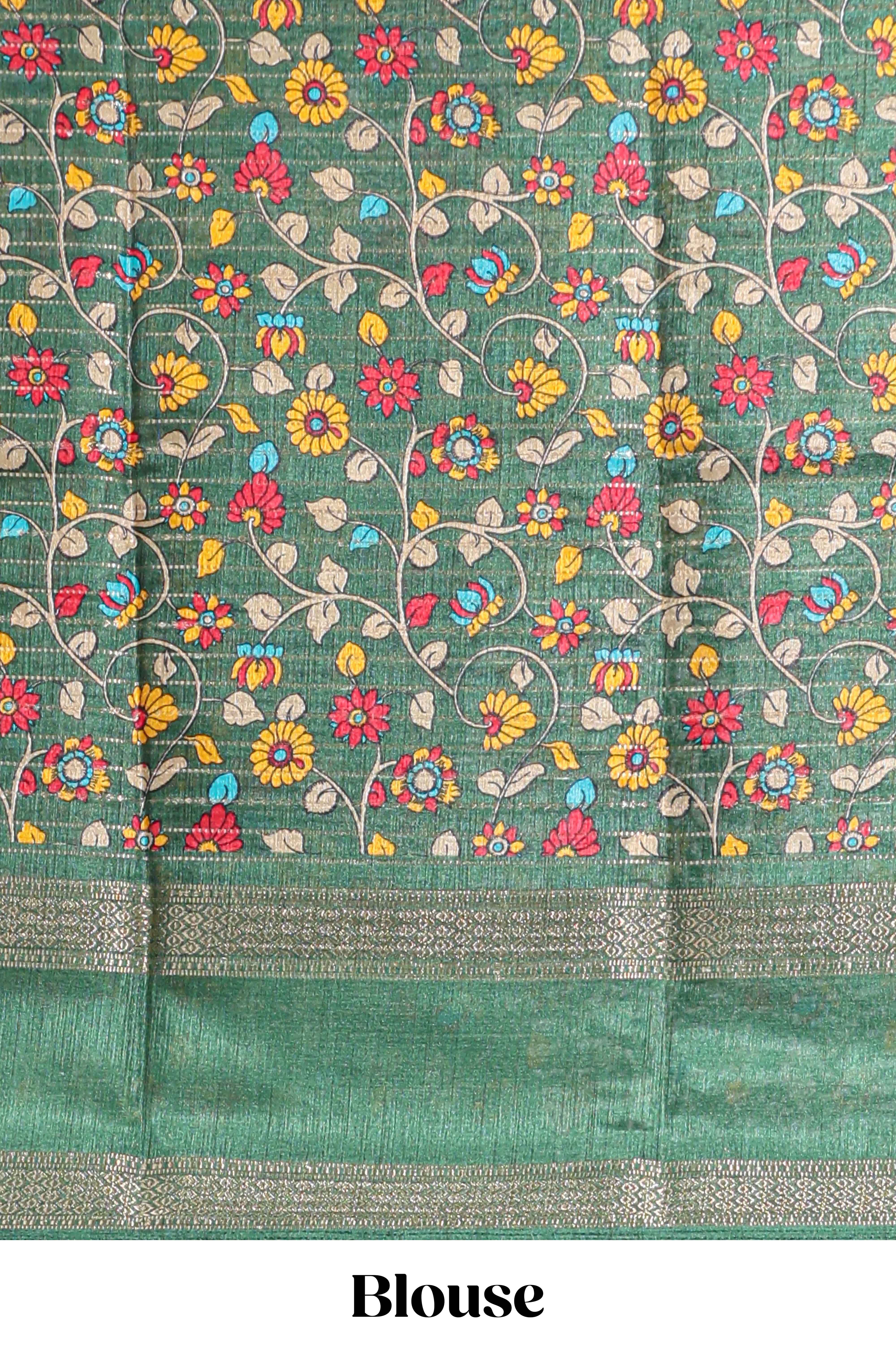 Yellow zari striped dola silk saree with contrast border and floral printed blouse