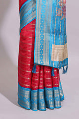 Pink zari striped dola silk saree with contrast border and floral printed pallu