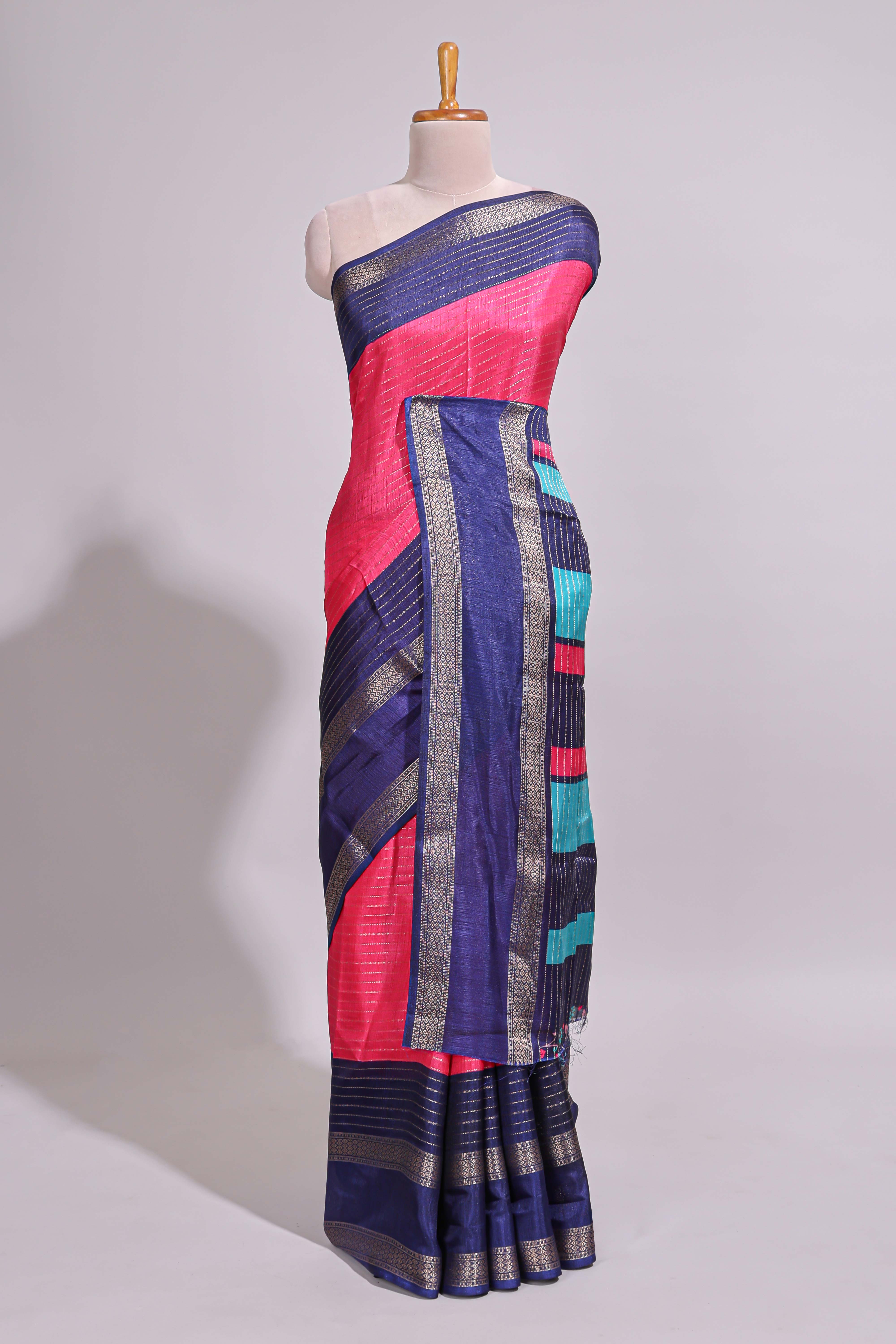 Pink zari striped dola silk saree with contrast border and floral printed blouse